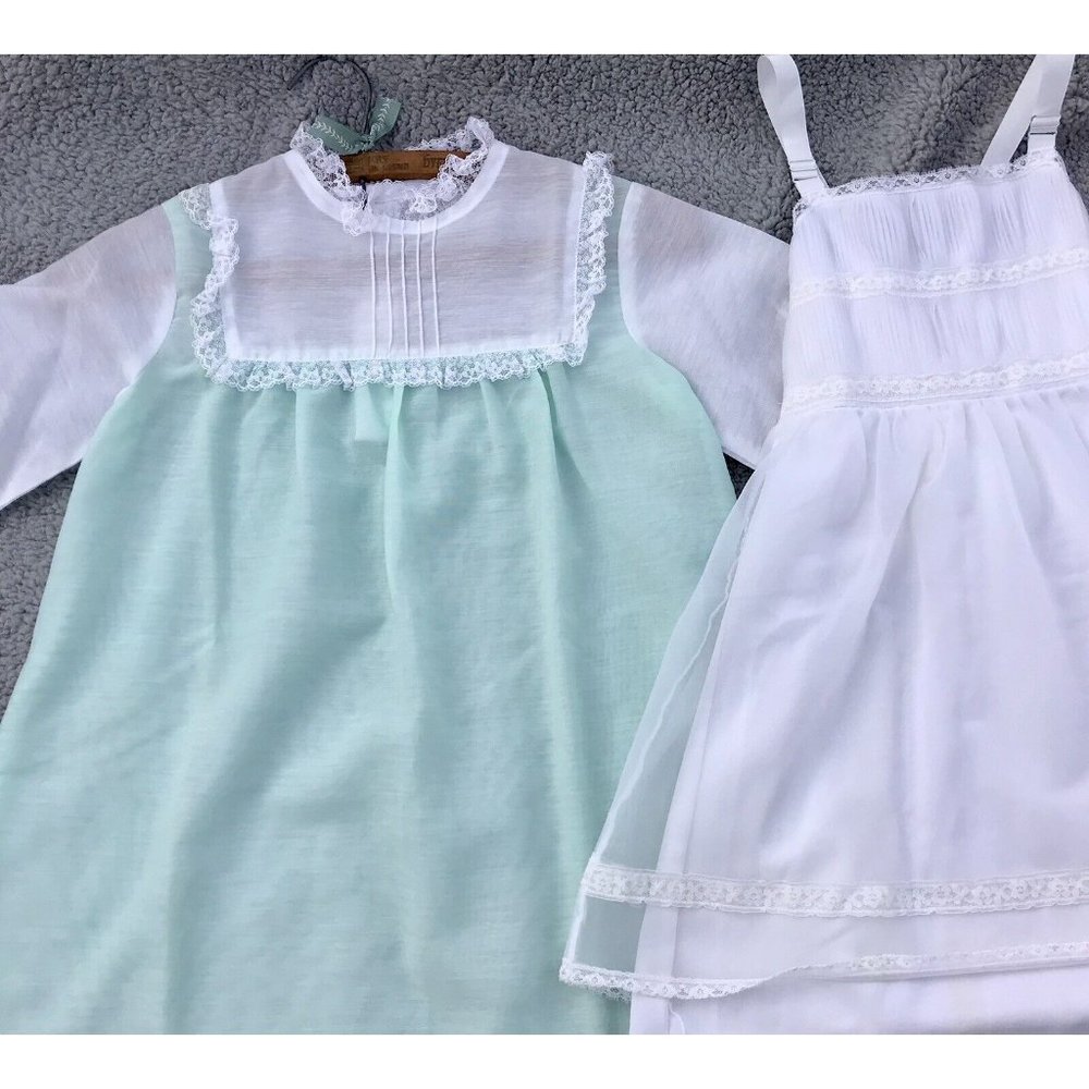 VTG Handmade USA 6 Girls Dress 60s 70s Mod Hipster Mint Green Lace W Ruffle Slip